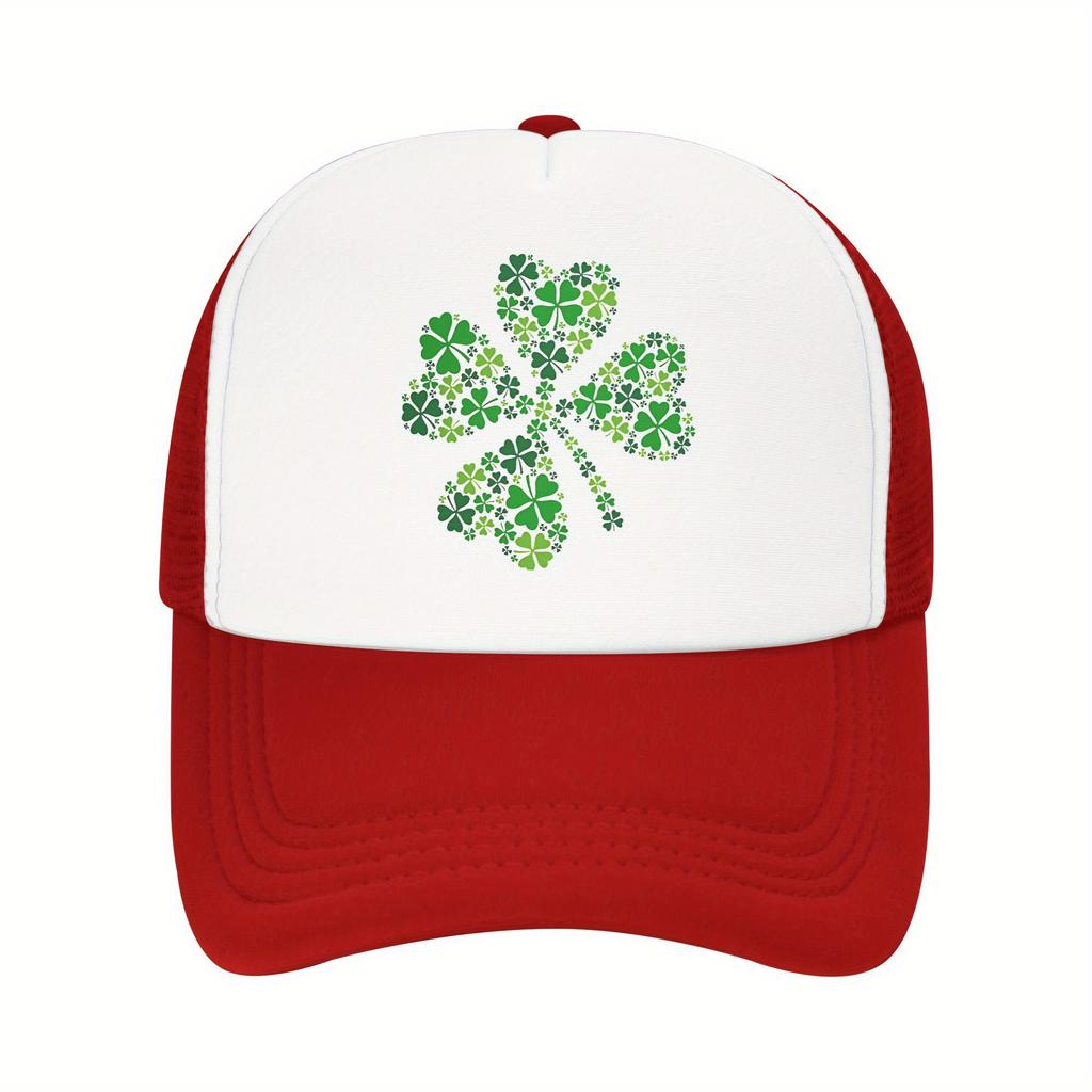 Four Leaf Clover Trucker Hat Breathable Mesh Baseball Cap Green Print Casual Adjustable Unisex Adult