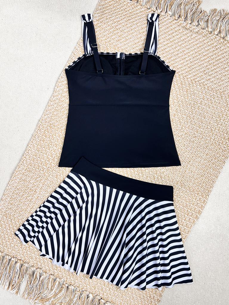 Damen Badeanzug Gestreift Kontrastfarbe Kordelzug Träger Sexy Hoher Bund Schlitz Geteilt Badeanzug Bikini Anzug Strandkleidung