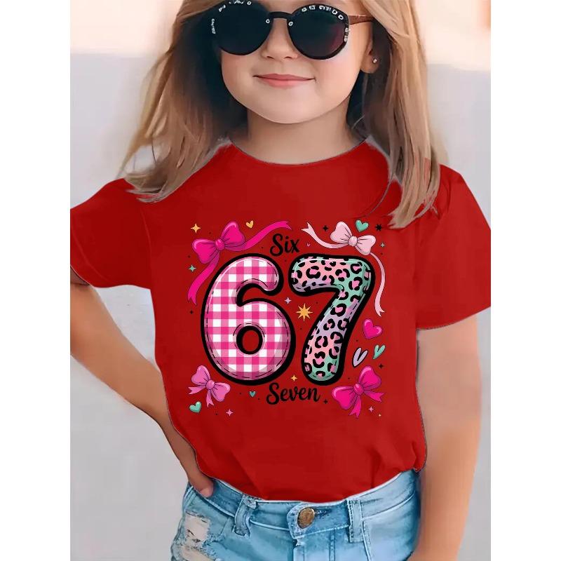 European Sizes Summer Fashion Girls' Short Sleeve T-Shirt, Plaid Leopard Print Elements Numbers , Bow, Heart, Star Etc