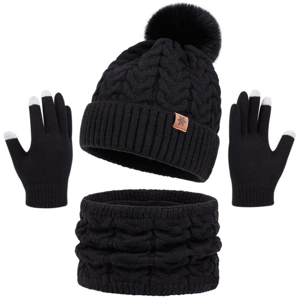 Solid Color Women Hat Scarf Gloves Set Beanie Hat Winter Knit Gloves Set  Winter Season