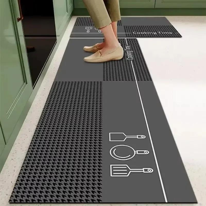 Kitchen Floor Mat Pvc Waterproof Leather Carpet Black Carpets Long Foot Mats Non-slip Oil-proof Modern Home Decoration Rug