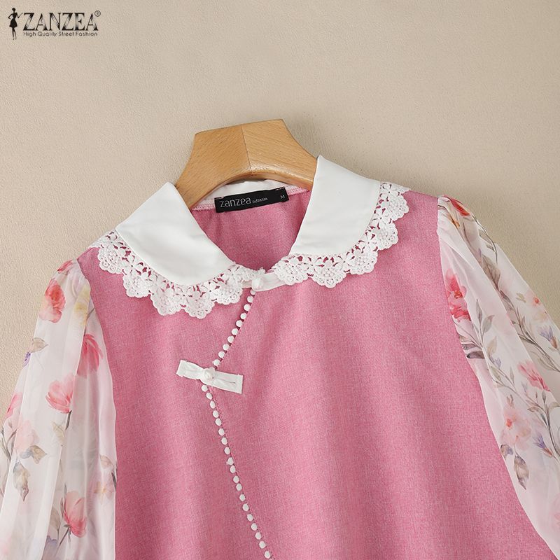 ZANZEA Women Lace Splice Doll Collar Casual Floral Print Half Sleeve Blouse