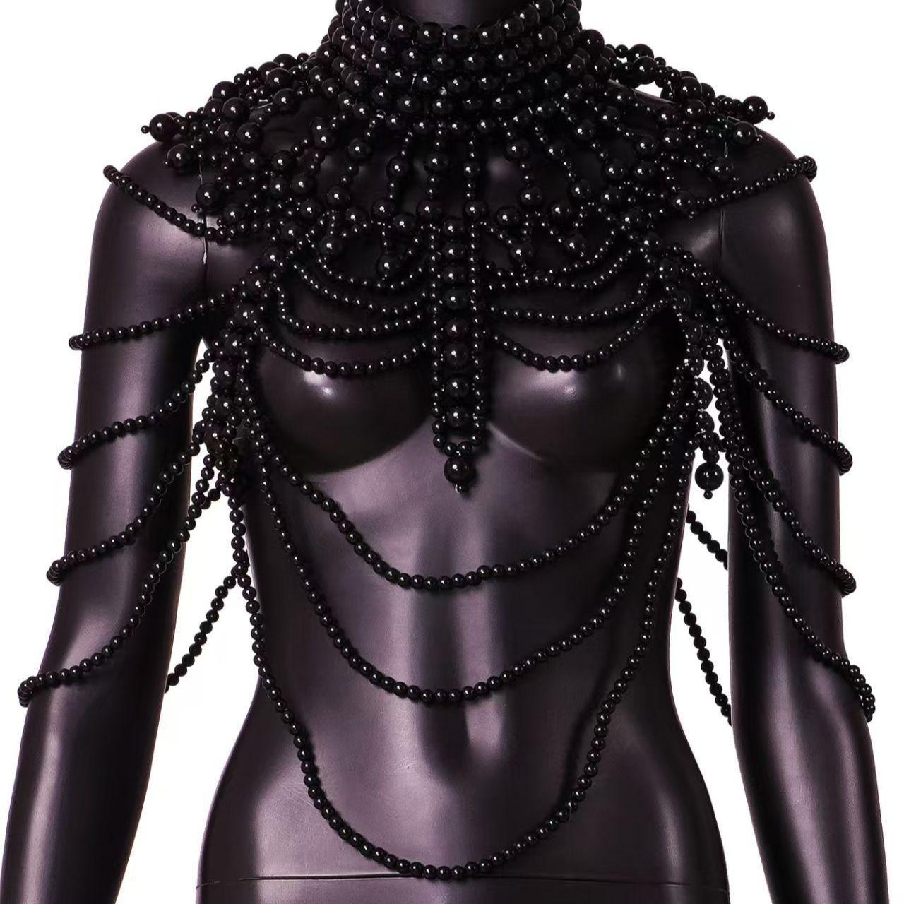 

New jewelry necklace hand-woven hollow temperament pearl shawl chest chain fan-shaped clothing body chain