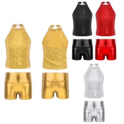 Top Corto Brillante de Lentejuelas sin Mangas Espalda Descubierta Halter para Niñas Pantalones Cortos Metálicos para Baile Atuendo de Escenario para Danza Jazz