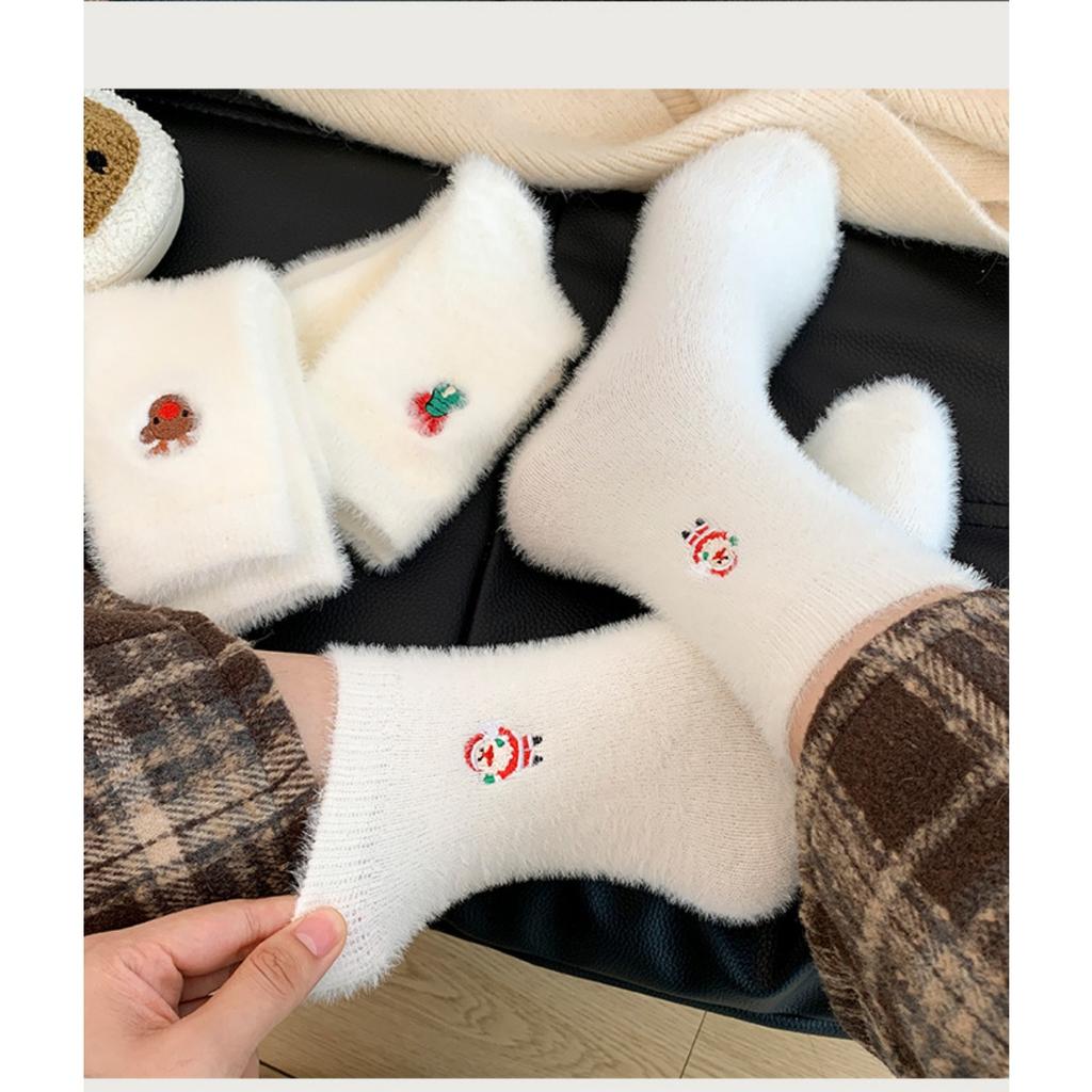 10-1 Pairs Autumn and Winter Socks, Children's White Mink Fur Christmas Socks, Snowman Santa Claus Christmas Tree Elements, Thickened Warm Socks
