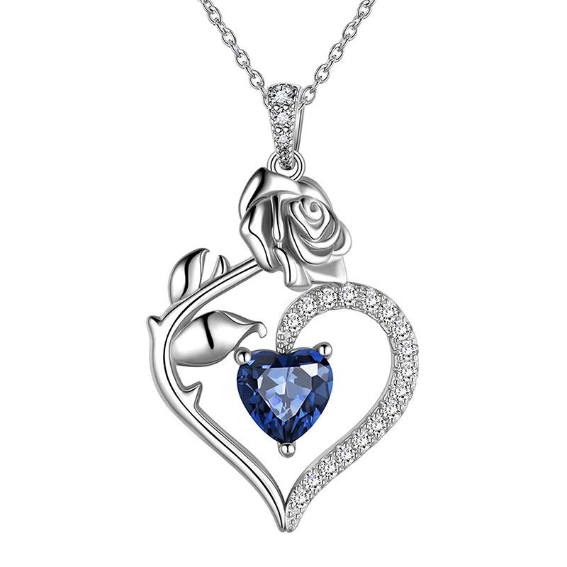 Rose Branch Open Heart Partial Paved Center Heart Shaped Blue Stone Pendant Women Clavicle Necklace