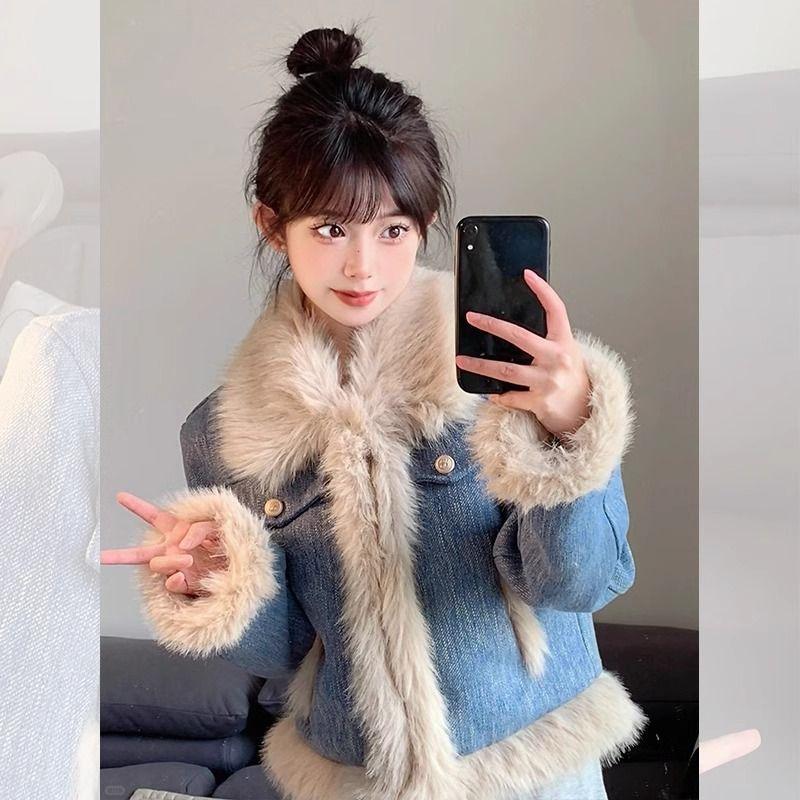 

Женская куртка из синего денима с плюшевым мехом ягненка, осенне-зимняя короткая новая куртка из мелкой шерсти S синий