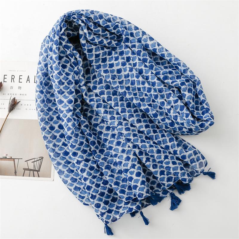 Four Seasons Cotton And Hemp Texture Scarf Small Fresh Green Blue Fish Scale Geometric Tassel Silk Scarf Shawl For Women