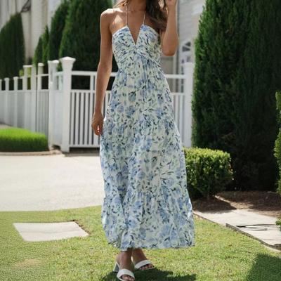 Women‘s V-Neck Summer Clothes A-Line Long Floral Halter Dress Halterneck Mom Clothing Party Tutu Dress For Women