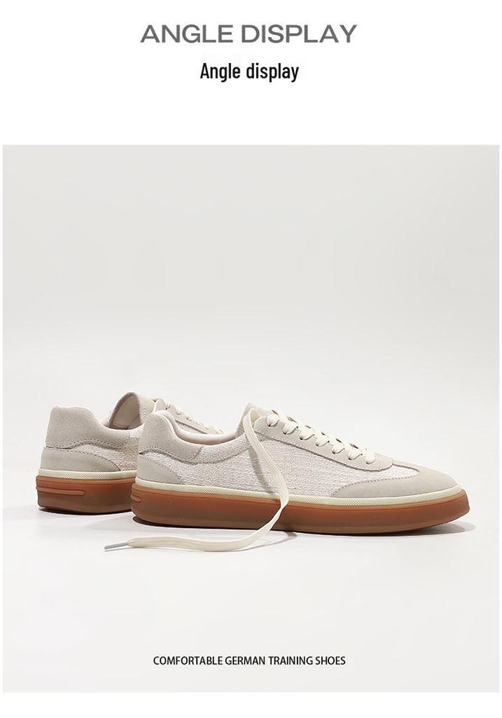 Men's Old Money Style Low-Top Breathable Cowhide Spliced Linen White Skate & Running Shoes