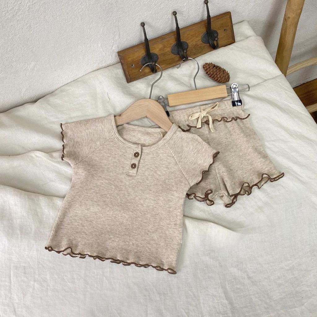 Girls' Short Sleeve Waffle T-shirt & Shorts Summer Two-piece Set
