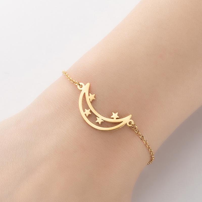 Adjustable Stainless Steel Moon & Star Pendant Bracelet - Bohemian Fashion Jewelry, Perfect Birthday Gift