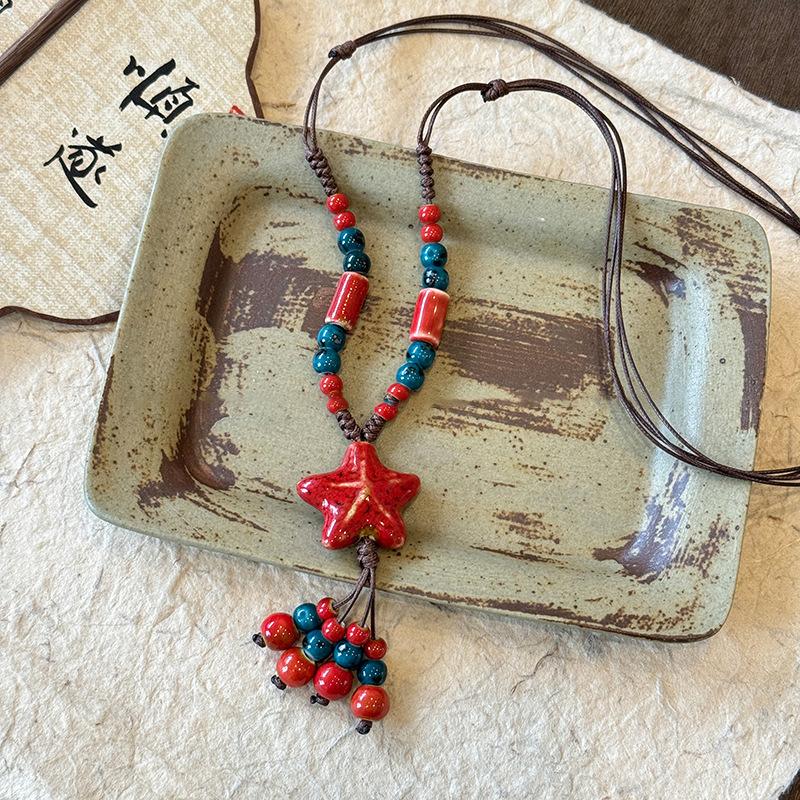 Wax rope ceramic star beaded pendant necklace fashionable small fresh collarbone chain versatile temperament niche jewelry