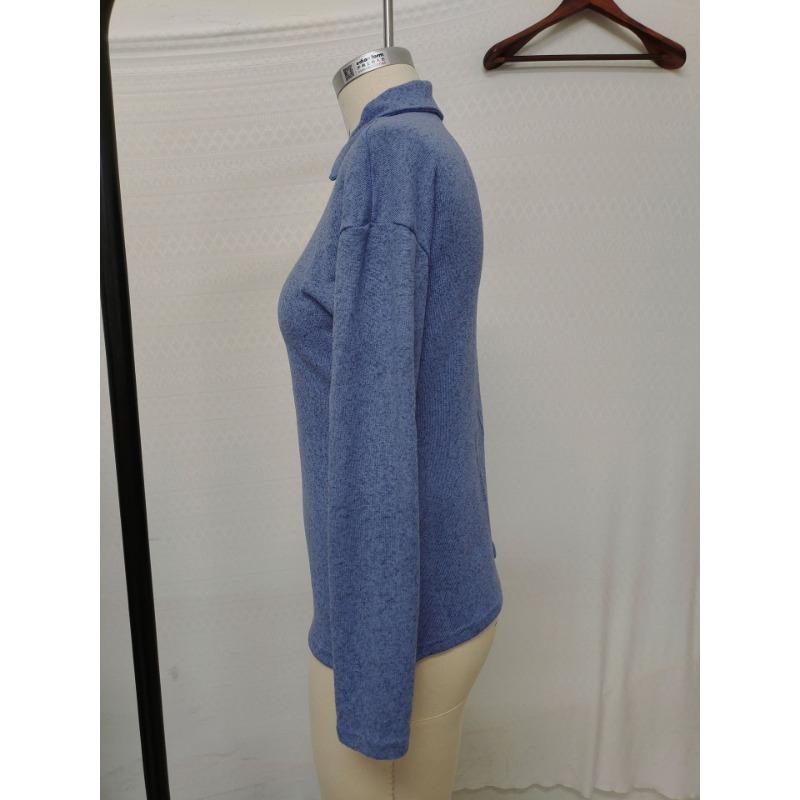 Casual Loose Knitted V Neck Zipper Long Sleeve T Shirt For Women