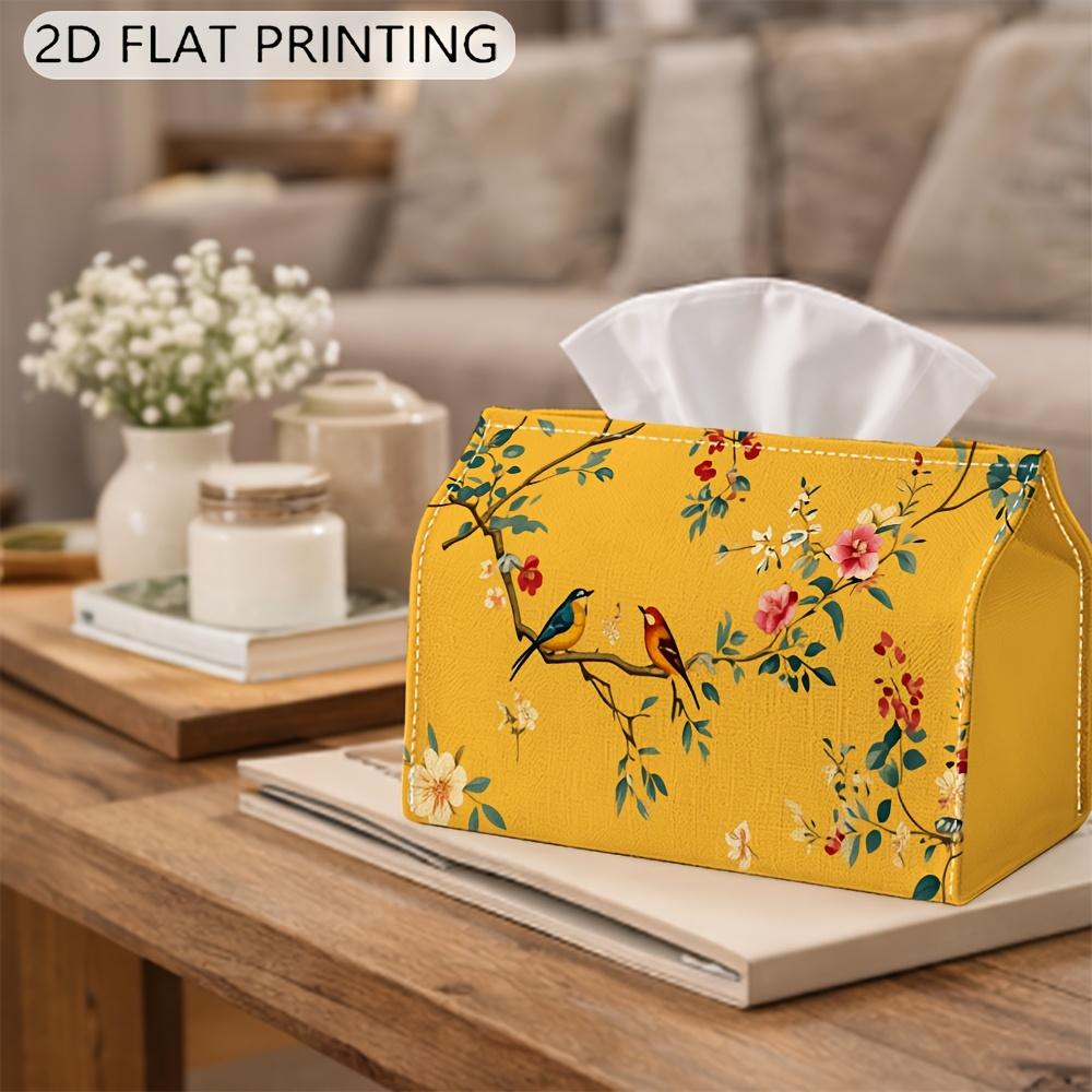 2D Flat, 1 Tissue Box Cover, Bright Yellow Chinese-style Bird and Floral Pattern, Vibrant Floral Tissue Box, Suitable for Home, Office, Living Room, I