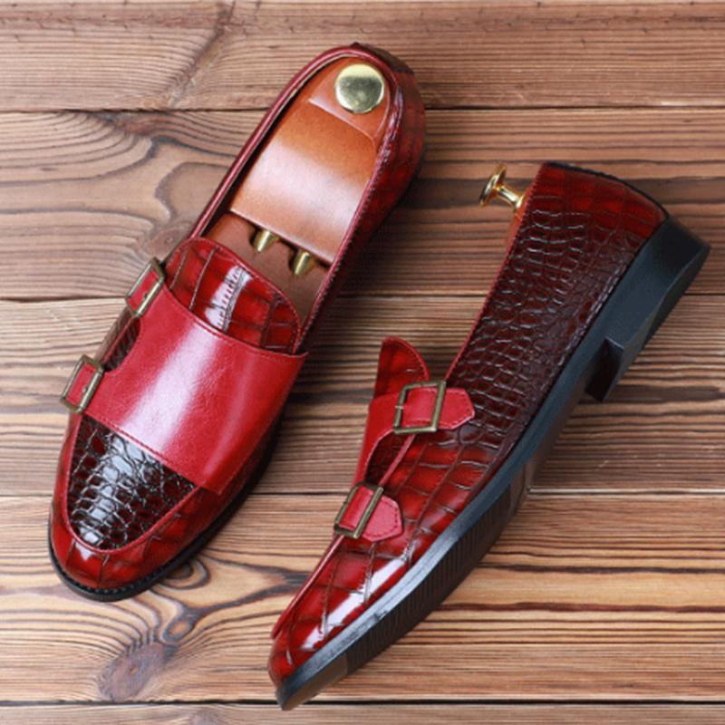 New Men Crocodile Pattern Dress Patent Leather Loafers Luxury Wedding Monk Strap Shoes Italian Style Homecoming Prom Footwear