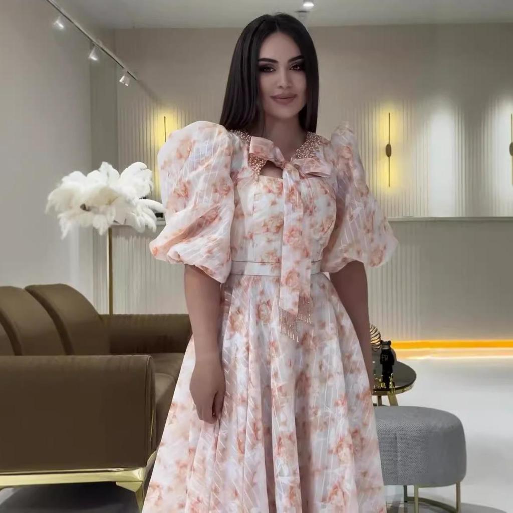 Vestido Largo Dulce Francés de Verano para Mujer 2024 con Manga Abullonada y Cintura Entallada