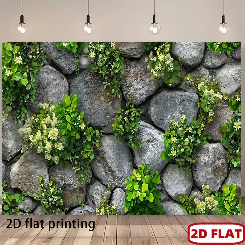 Stone Wall Backdrop with Greenery and White Flowers Photography Background 47.2x31.5inch/120*80cm