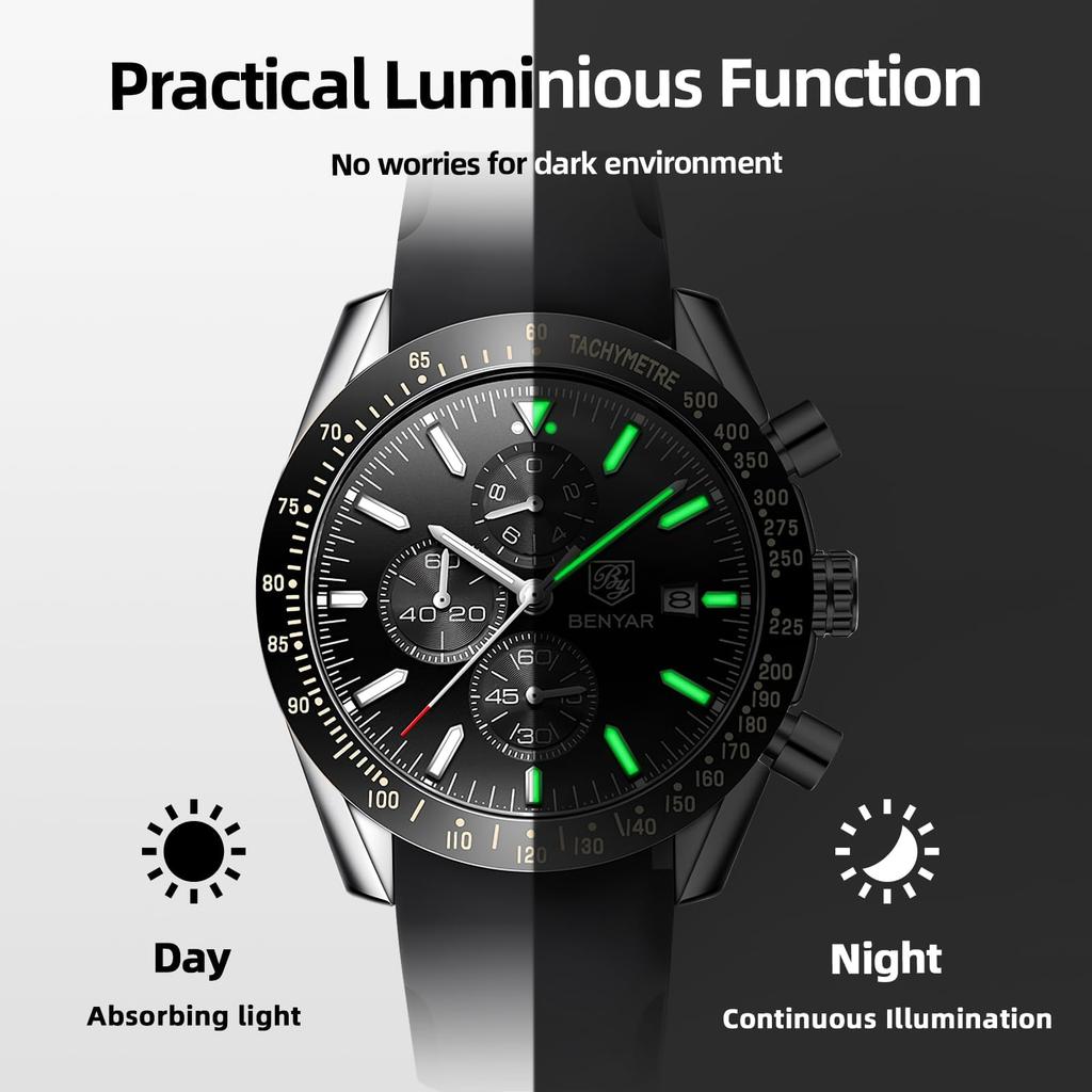 BY BENYAR 30M Water Silicone Quartz Gift for Men Men's Watch, Chronograph, Analog, Resistant, Business, Simple, Stylish, Popular, Formal, Strap,