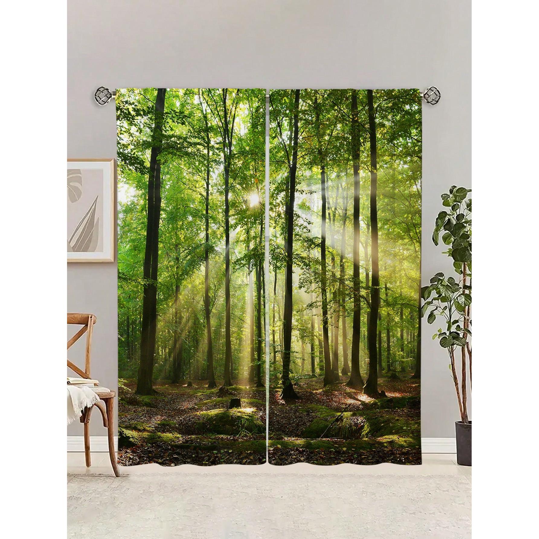 2pcs Forest Sunshine Curtains  Without Holes Curtain   Refer To Bedroom Office Kitchen Living Room Study Home Decor 100*130 Grommet Top 1pcs