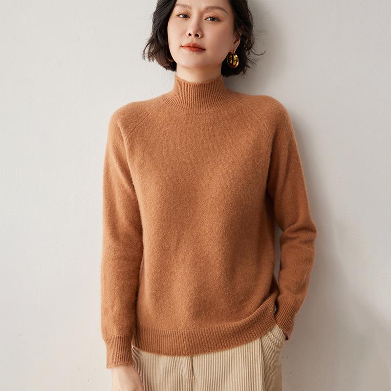 Women's Cashmere Raglan Sleeve Sweater: Half-High Neck, Double Ply, Thick & Warm Base Layer for Autumn/Winter.
