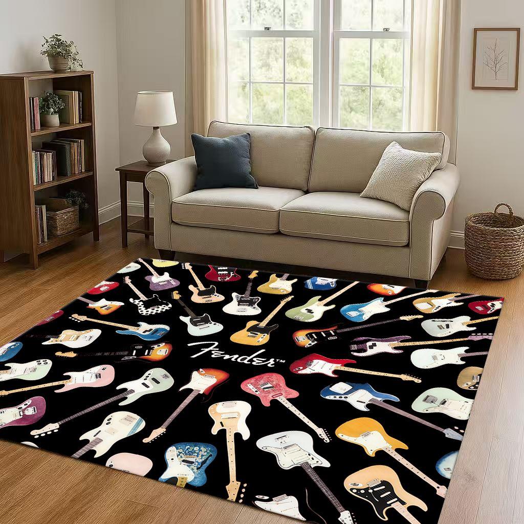 3D F Fender Guitar Musical Instrument Sign Living Room Non Slip Area Rug Carpet for Bedroom Sofa,Easy Clean Home Decor Doormat