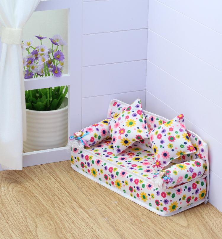 Doll Fabric Sofa with 2 Throw Pillows - Miniature Couch for Toy Furniture Accessories