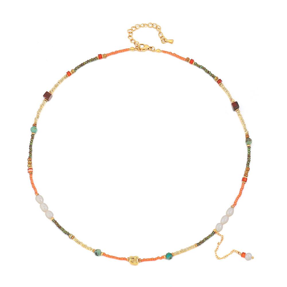 GEMCHIC Women s Bohemian Layered Natural Stone Beaded Necklace with Freshwater Pearl and Geometric Design