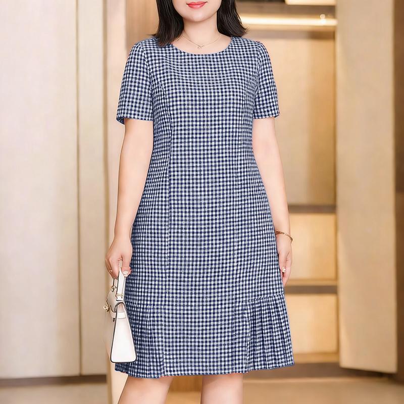 ZANZEA Women Plaid Print Casual Round Neck Short Sleeve Dress