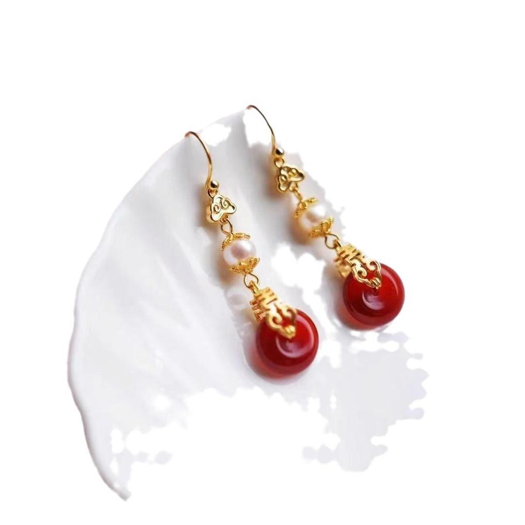 2024 Double Happiness Pearl Earrings: Hanfu Wedding Accessories In Ancient Style with Spring Ear Clips