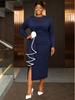 Navy Blue Plus Size Slim Fit Dress with 3D Floral Design and Contrast Trim