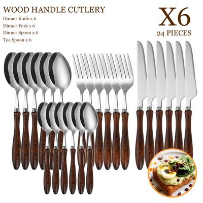 24 PCS Wood Handle 304 Stainless Steel Flatware Silverware Set, Rustic Tableware Cutlery Set Service for 6, Knives Forks Spoons Set