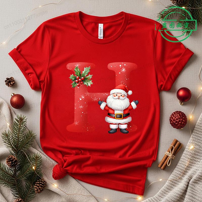 Christmas SantaAlphabet Letter Print T-shirt Short Sleeve Crew Neck Casual Top Kids Festive Holiday Women's Clothing Top