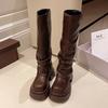 Thick Soled High Leg Boots for Women  New Autumn and Winter Brown Long Leg Boots, Pants Boots, Small Knight Boots