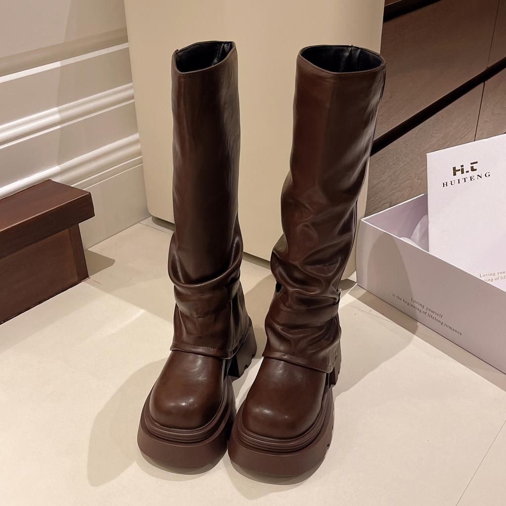 Thick Soled High Leg Boots for Women  New Autumn and Winter Brown Long Leg Boots, Pants Boots, Small Knight Boots
