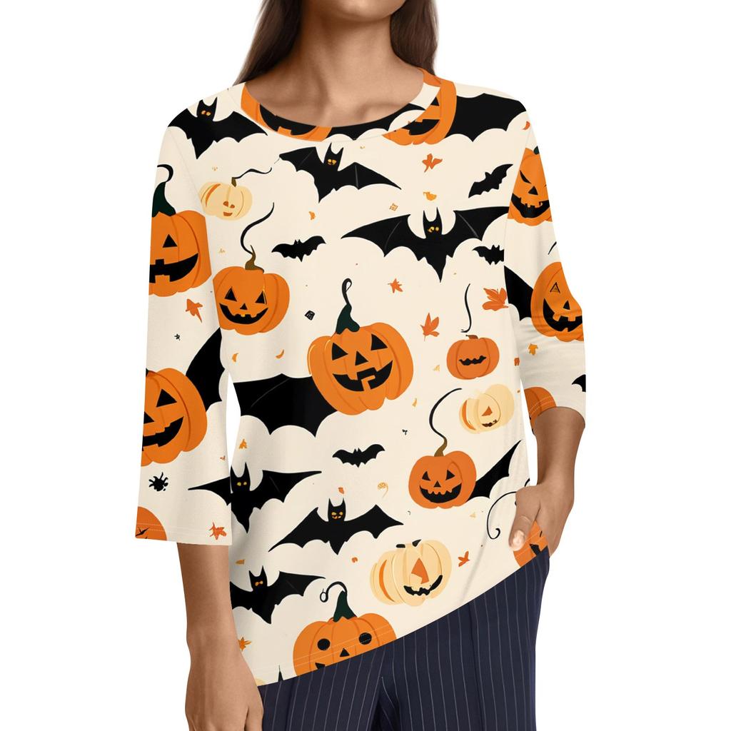 Women's Fashion Casual Three-quarter Sleeve Halloween Printed Round Neck Top