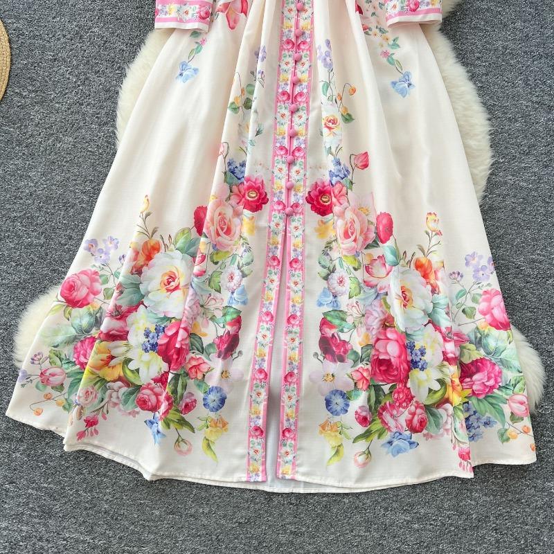 Rochie de damă de primăvară cu rever, mâneci felinar, pictată și imprimată, cu talie marcată, cu un singur rând de nasturi și croială amplă