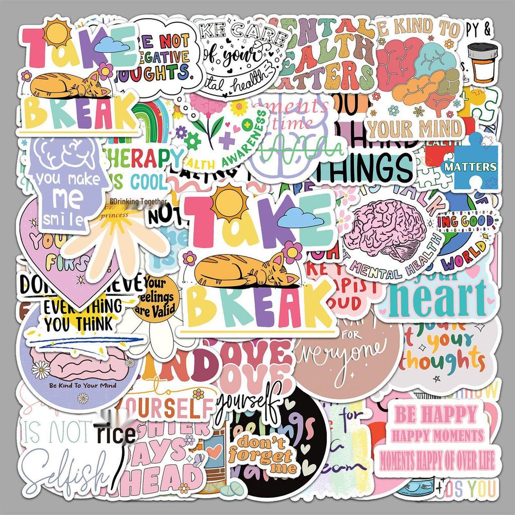 50 Mental Health Doodle Stickers - Inspirational English Slogans for Personalizing Laptops, Phones, and Cases