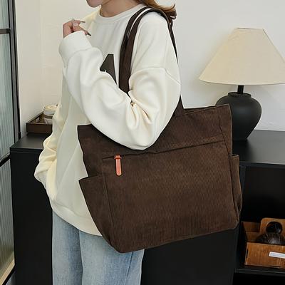 Women's Retro Shoulder Bag Corduroy Multi Functional Handbag Large Capacity Student Shoulder Commuter Tote Bag For Work