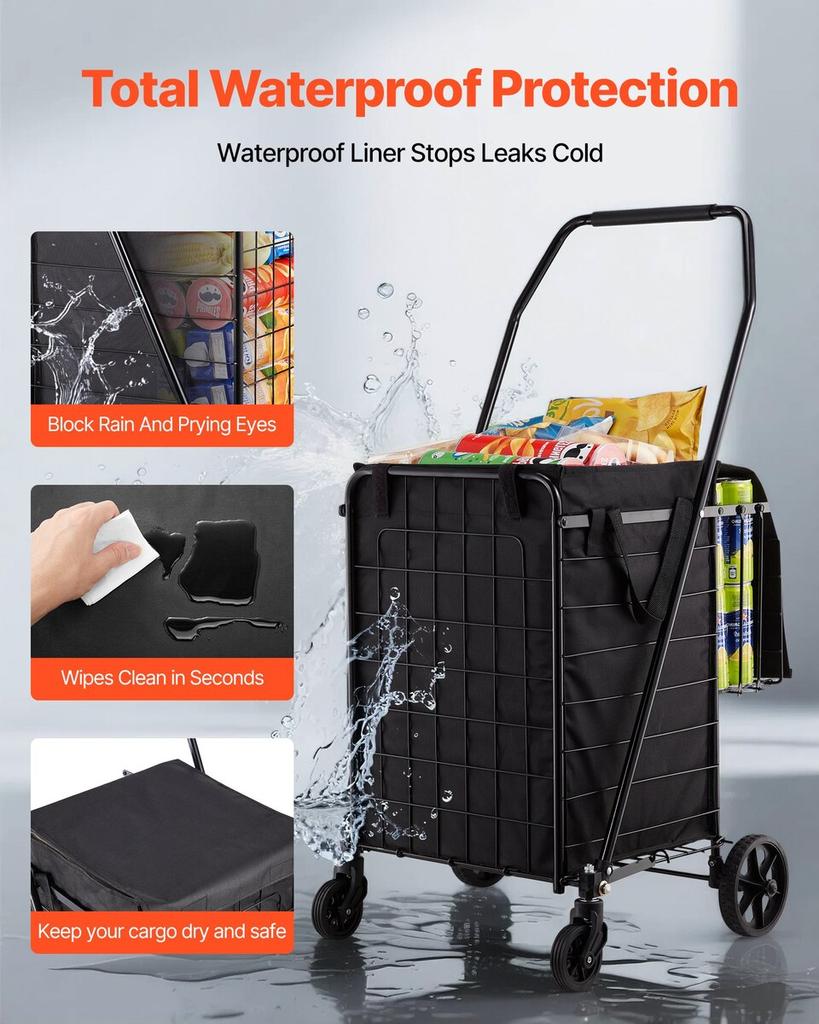 Shopping Cart, Folding Grocery Utility Cart with Dual Baskets, Waterproof Liner & Wheels, 45 KG Large Load Capacity, Heavy Duty Laundry Basket for