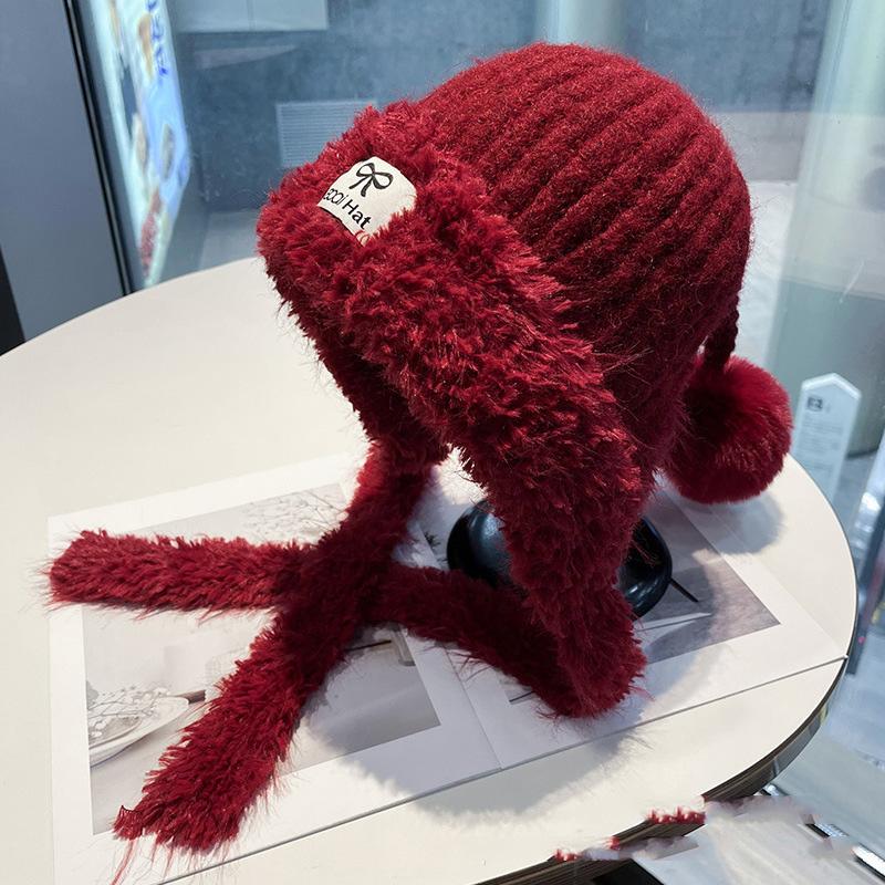 

Women s Textured Knitted Hat Winter Warm Beanie with Letter Label Plush Patchwork Pompom Ear Protection Fashion Versatile Cap One Size