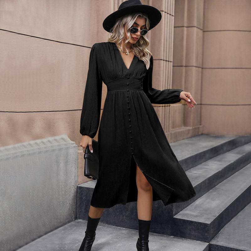 YYFS Women's Fashion Spring Fall Solid Color Print Long Sleeve V-Neck Middle Waistline Casual Dresses