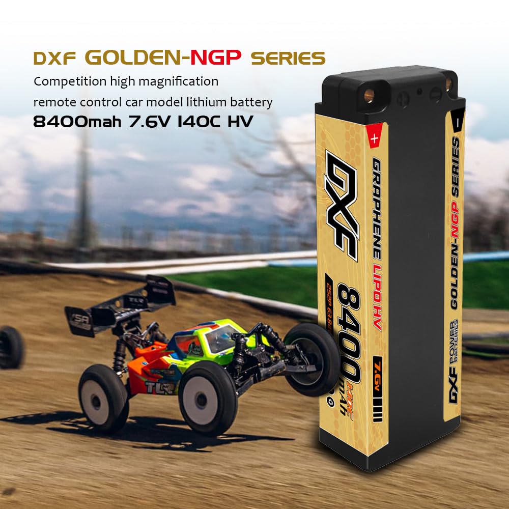 Unleash the power of DXF DXF 2-Piece 2S 7.6V 8400mAh 140C 5mm LCG Hard Cable LiPo Battery for RC Cars. Includes 5mm bullets. High-performance lithium