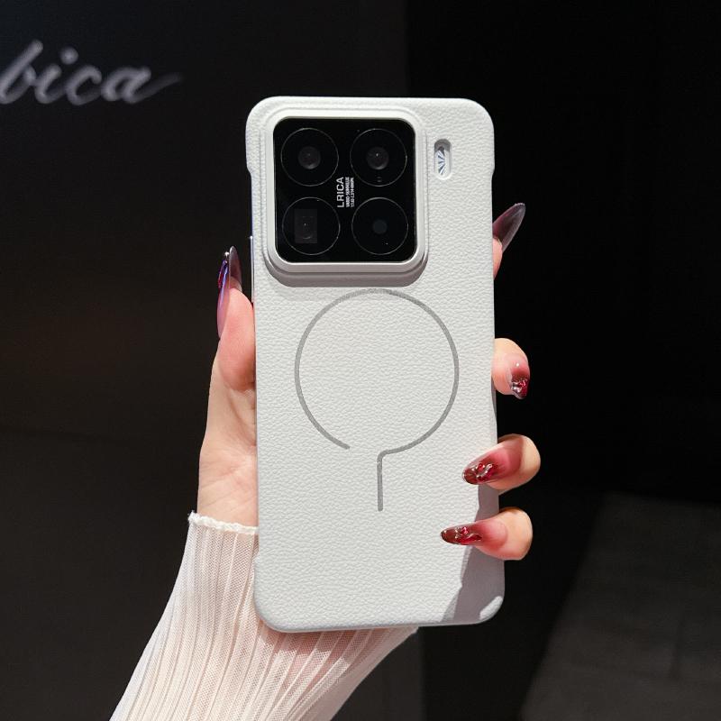 For Magsafe Magnetic Wireless Charging Solid Color Leather Not Border Hard PC Phone Case For Xiaomi 14 15 Ultra Pro Bumper Cover