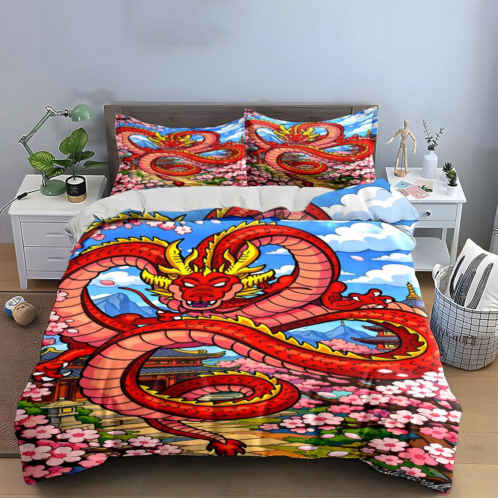 Red dragon with flowers. Bedding sets Duvet cover sets Duvet covers Pillowcases(1*Duvet Cover 2*Pillowcases without duvet insert)