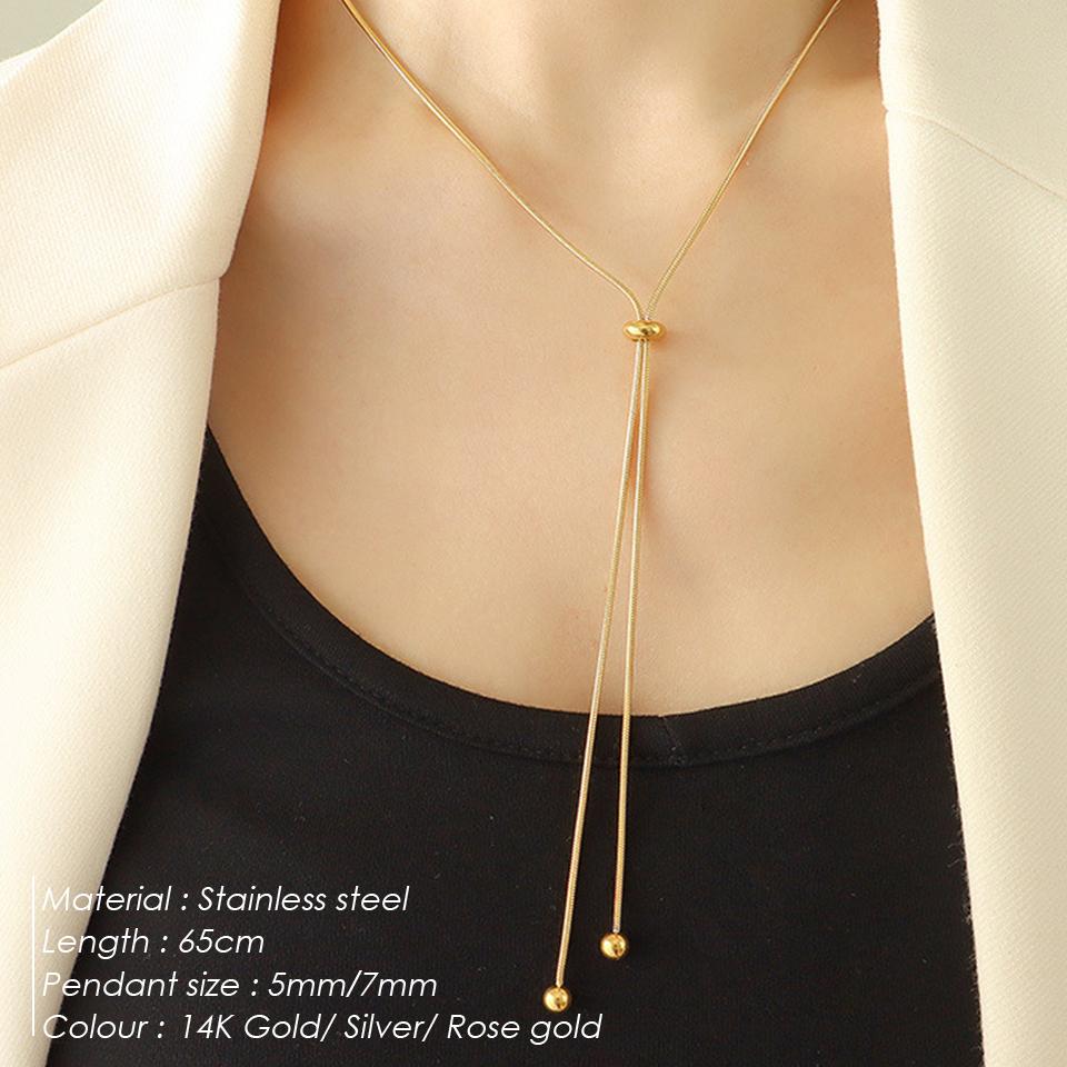 Orazio 14K Gold Stainless Steel Pendant Necklace Y-shaped Beads Collarbone Round Long Snake Chain Women's Jewelry Gift