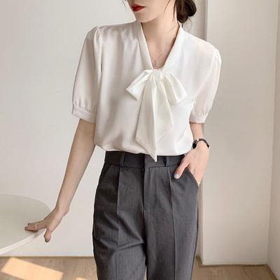 Elegante weiße Sommerbluse Damen Chiffon Kurzarm Einzigartiges Design Professionell Büro Vorstellungsgespräch Formelles Hemd Stilvolles Oberteil