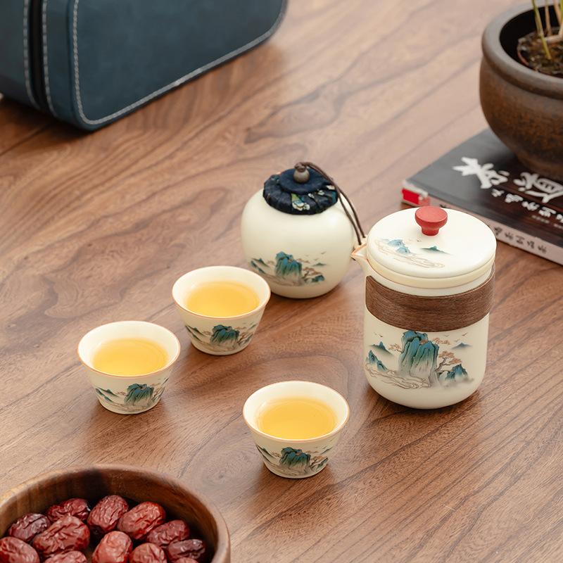 Ru Kiln Travel Tea Set, Outdoor Portable Ceramic Express Cup with Teapot, Tea Can, Leather Bag, Business Gift.