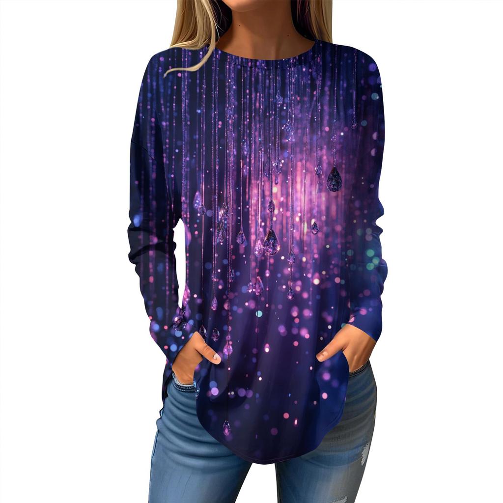 Women's Loose Casual Printed Round Neck Long Sleeved T Shirt Top Pullover Long Sleeved Sweatshirt