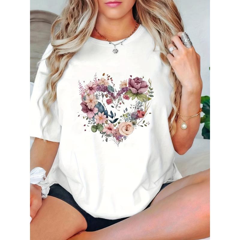 Plus Size - Plus Size - A Loose-Fitting Short-Sleeve T-Shirt with a Heart And Floral Print 2XL белый